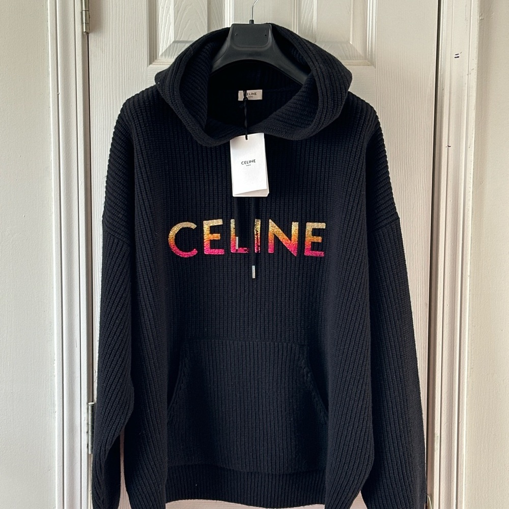 Celine Black Hoodie with Sequin Logo Size XL